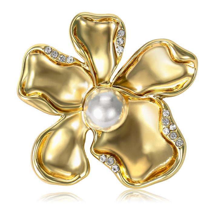 Sculpted Flower Brooch in Metal with Smooth Curled Metal Petals Around a White Pearl