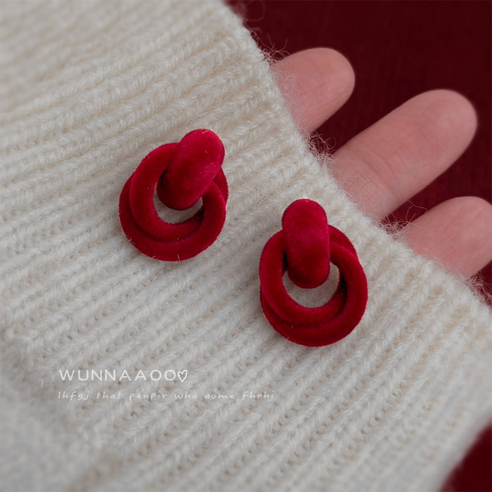 Wine Red Velvet Flocked Geometric Knot Stud Earrings Pair