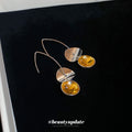 Silver Tone Hook Earrings With Amber Yellow Round Crystals view 2