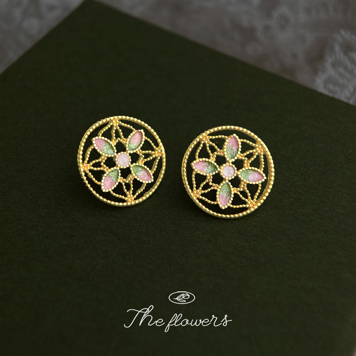 Gold Tone Pink Green Floral Pattern Round Medallion Stud Earrings