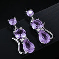 Silver Tone Cat Dangle Earrings Colored Stones 9 Colors view 2