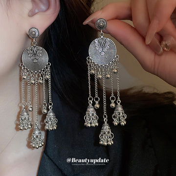 Ornate Disc and Bell Tassel Drop Earrings in Two Finishes