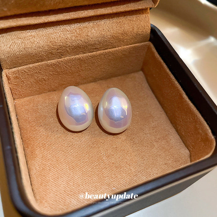 Iridescent White Oval Dome Stud Polished Metal Polished Metal Earrings