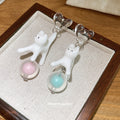 White Cat and Heart Drop Earrings with Pastel Beads view 4