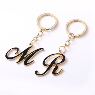 Black Script Letter Keychains with Gold Tone Outline A to L