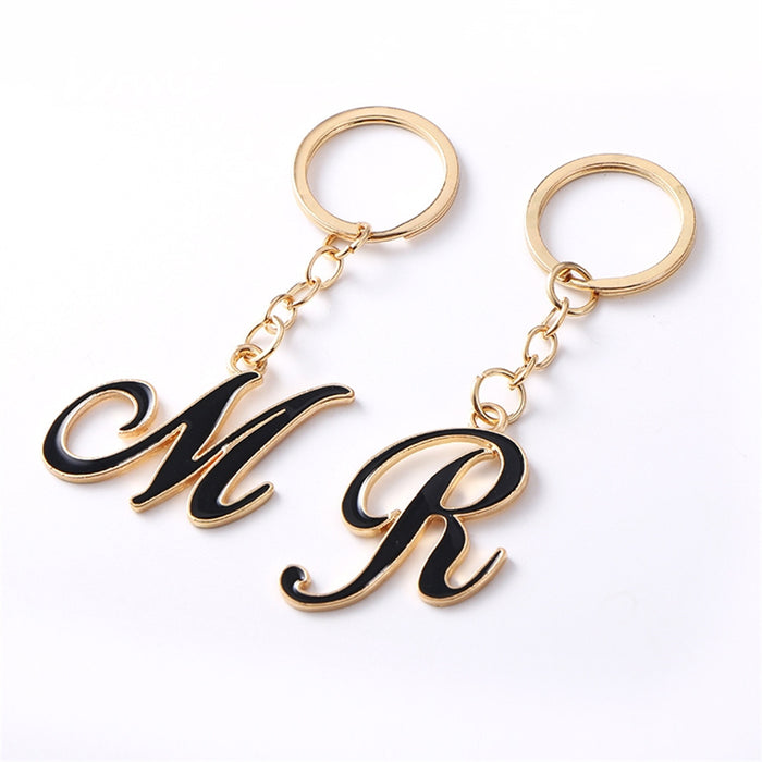 Black Enamel Gold Outline Script Letter Keychain Alphabet