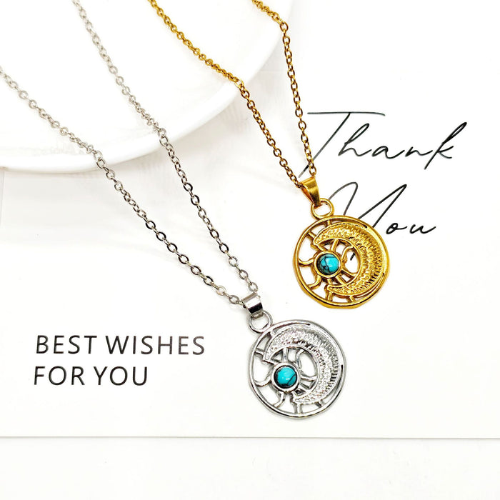 Sun Moon Round Pendant Necklaces Turquoise Stone 2 Tones