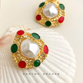 Gold Textured Frame Pearl Center Earrings Red Green Cabochons view 2