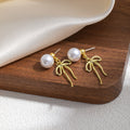 Gold and Silver Bow Pearl Look Dangle Stud Earrings view 1