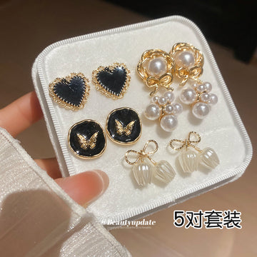 Five Pair Gold Black Enamel Pearl Mixed Stud Earring Set
