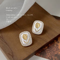 White Enamel Gold Tulip Pearl Frame Stud Earrings Pair view 4