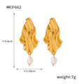 Gold Steel Wavy Leaf Drop Earrings With Pearl Dangles view 7