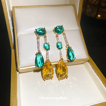 Gold Tone Green And Yellow Faceted Crystal Chandelier Earrings