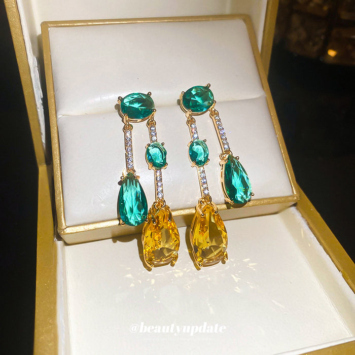 Gold Tone Green And Yellow Faceted Crystal Chandelier Earrings