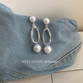 Silver Pearl Geometric Open Link Drop Earrings Long view 1