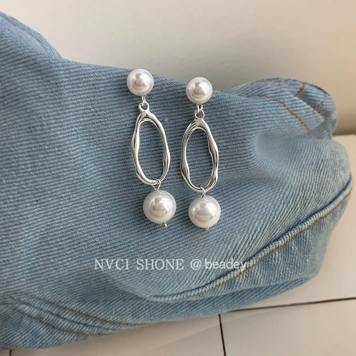 Silver Pearl Open Link Long Drop Earrings Pair Set