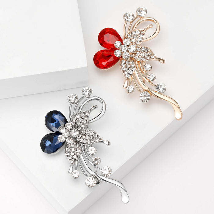 Crystal Flower Leaf Brooch Red or Navy Rhinestone Pin