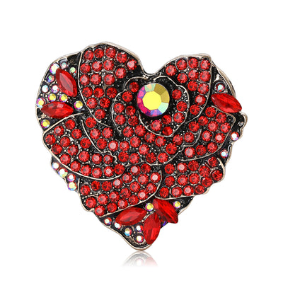 Red Crystal Rose Heart Brooch shown against a white display background