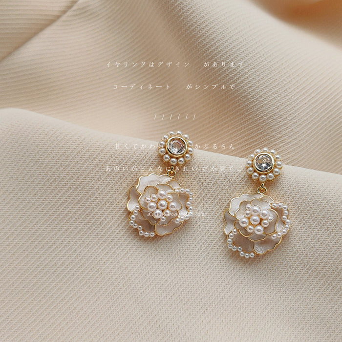 White Camellia Flower Drop Earrings Gold Tone Pearl Crystal Studs