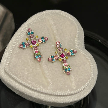 Multicolor Crystal Cross Hoop Earrings with Distinctive Textured Details