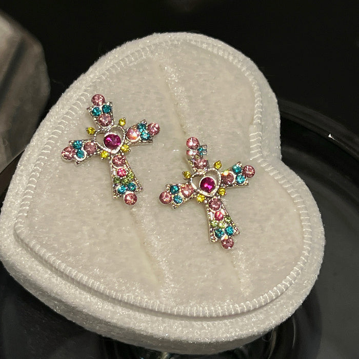 Multicolor Crystal Cross Hoop Earrings with Distinctive Textured Details