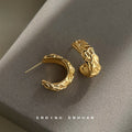 Gold Textured Molten C-Shape Huggie Stud Earrings Pair view 1