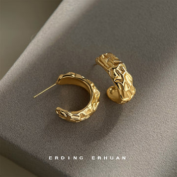Gold Textured Molten C-Shape Huggie Stud Earrings Pair
