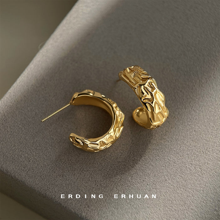 Gold Textured Molten C-Shape Thick Hoop Stud Earrings