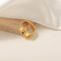 Gold Open Square Band Ring With Green Stone Sun Motif view 4