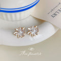 White Enamel Daisy Flower Pearl Stud Earrings Gold Edge view 3