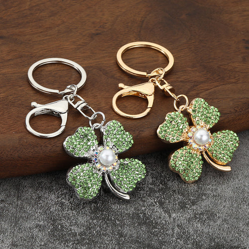 Rhinestone Pearl Four-Leaf Clover Metal Keychain Bag Charm