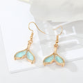 Gold Tone Aqua Glitter Mermaid Tail Necklace and Hook Earrings view 3