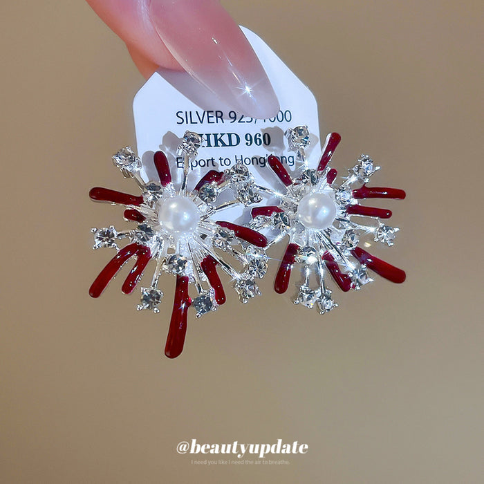 Silver Tone Red Crystal Firework Pearl Stud Earrings