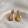 Gold Ribbed Teardrop Drop Earrings Fan Stud Top Pair view 1