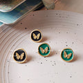 Gold Butterfly Round Enamel Stud Earrings Green Black Pair view 1