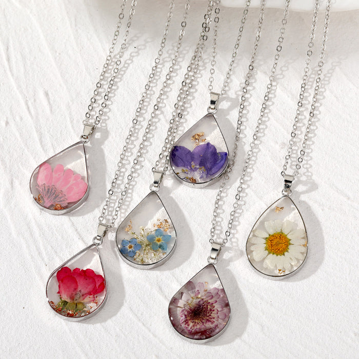 Silver Tone Teardrop Pressed Flower Resin Pendant Necklaces