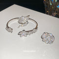 Silver Pavé Zircon Flower Open Cuff Bracelet and Rings Trio view 3