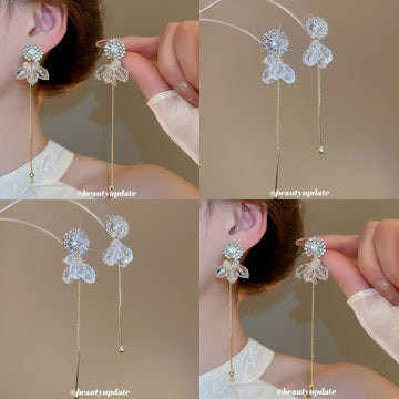 Silver Crystal Bow Long Tassel Stud Earrings Statement Pair