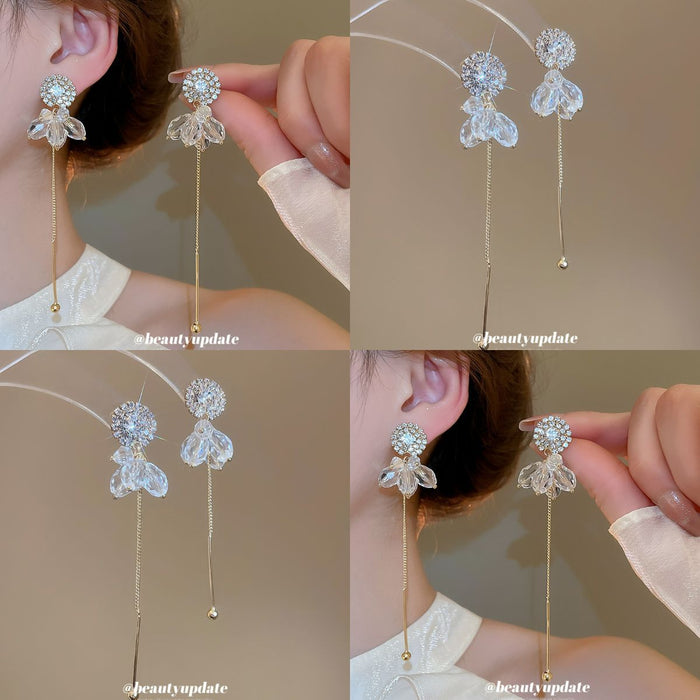 Silver Crystal Bow Long Tassel Stud Earrings Statement Pair