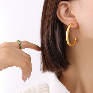Thick C-Shape Hollow Tube Hoop Earrings Gold Steel Three Sizes