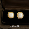 Gold Square Cream Pearl Stud Earrings Braided Frame Pair view 1