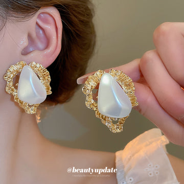 Gold Tone Irregular White Pearl Triangle Stud Earrings