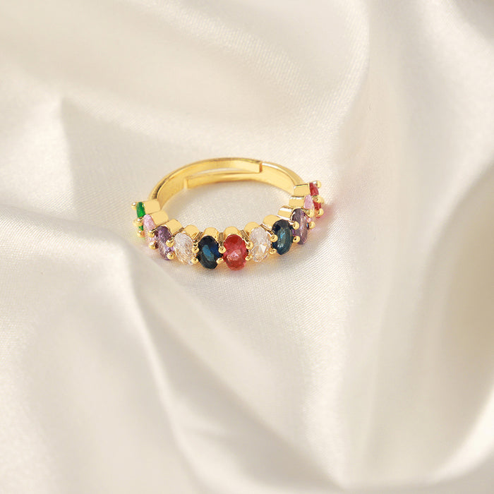Gold Open Rings Multicolor Zircon Baguette and Oval Bands