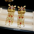 Lion Head Coin Fringe Earrings With Red Crystal Details view 2