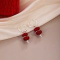 Red Triple Round Bead Silver Tone Small Huggie Earrings view 6