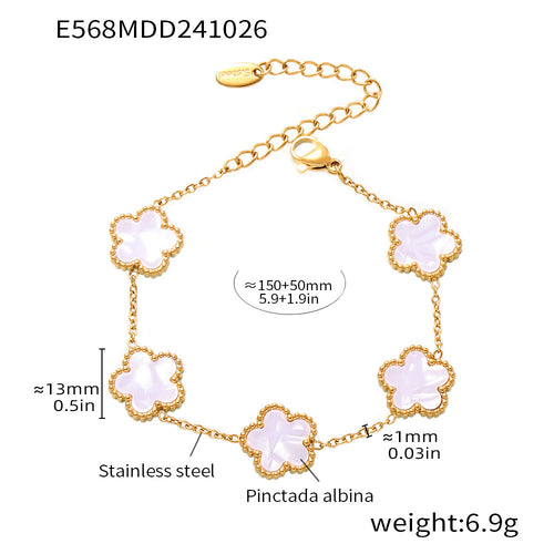 Gold white shell five-petal flower bracelet with printed measurements