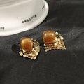 Brown Tiger Eye Look Square Tile Fringe Stud Earrings view 2