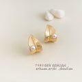 Gold Textured Leaf White Pearl Accent Stud Earrings view 1