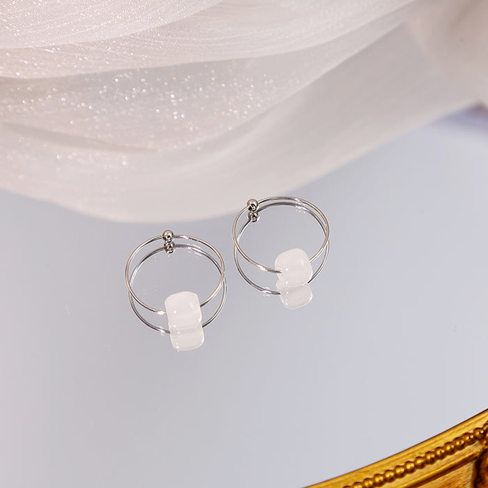 Silver Double Circle Hoop Earrings With Bead Accent