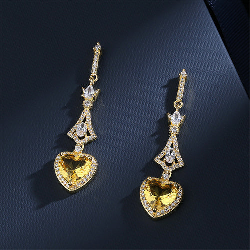 Yellow Heart Stone Long Drop Earrings Metal Jewelry Design shown from an alternate angle